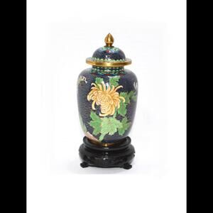 Chinese Cloisonne Vase Urn Ginger Jar Mums & Butterfly in Blue, Gold 6.25"